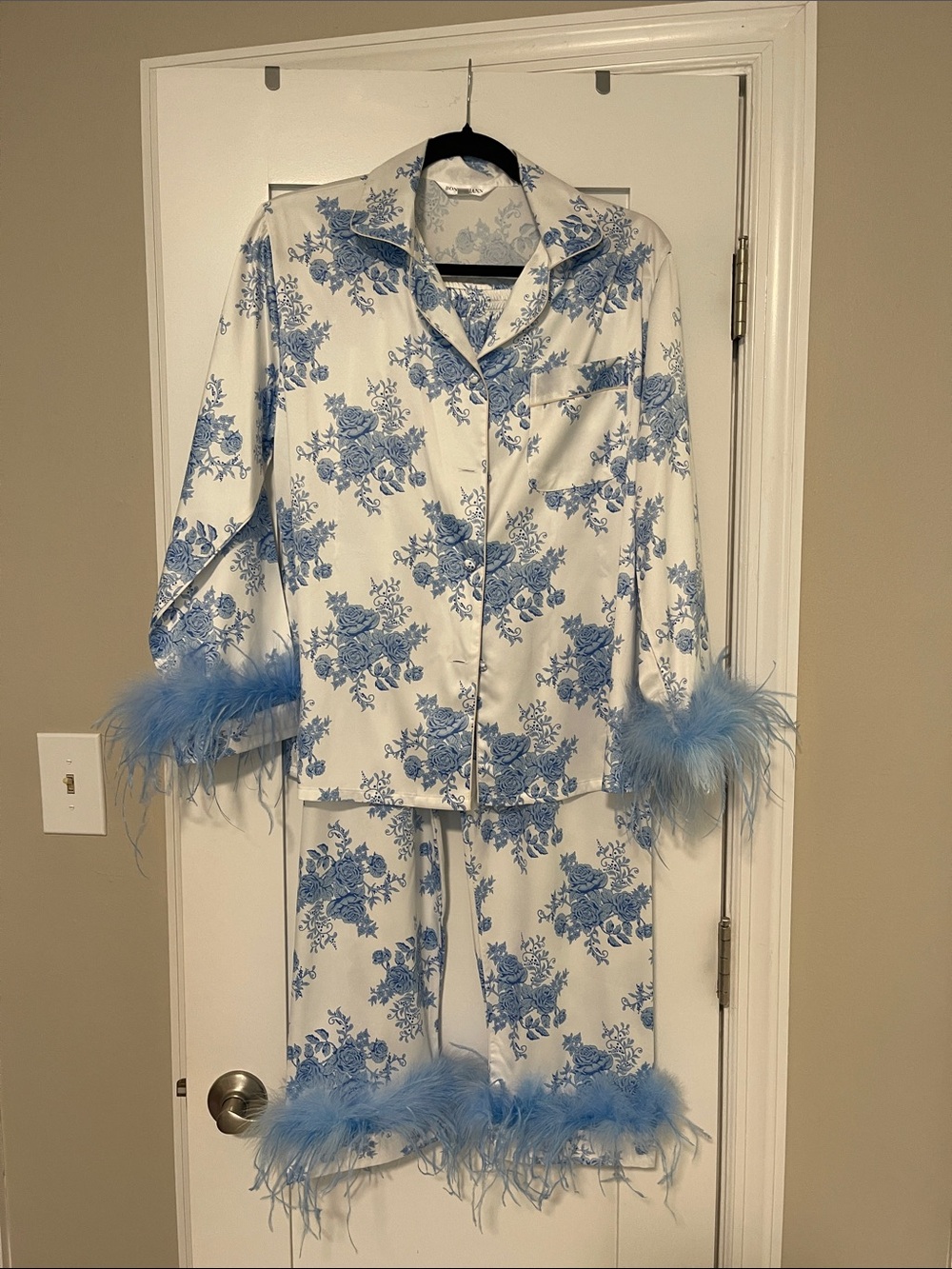 Blue Floral Satin Pajama Set with Feather Trim by